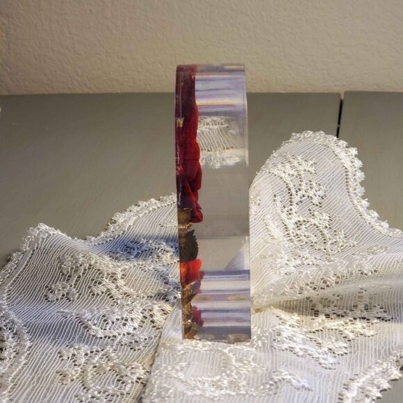 Vintage Bircraft Valentine Acrylic Heart Paperweight with Embedded Roses 4 inch - Picture 4 of 7